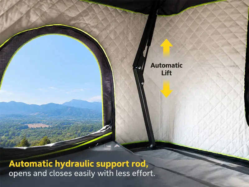 Automatic hydraulic support rod for easy tent opening and closing