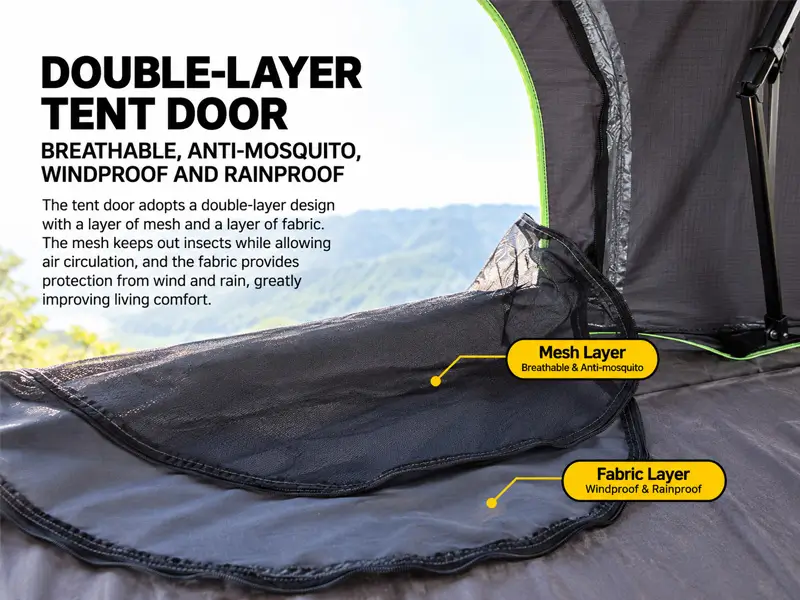 Double-layer tent door with mesh and fabric layers