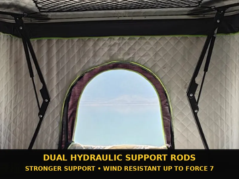 Dual hydraulic support rods for stable rooftop tent structure