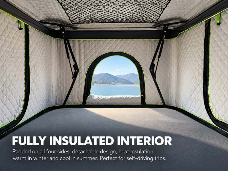 Fully insulated hard shell rooftop tent interior
