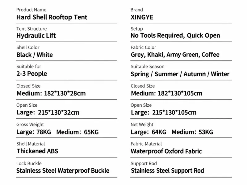 Hard shell rooftop tent product specifications