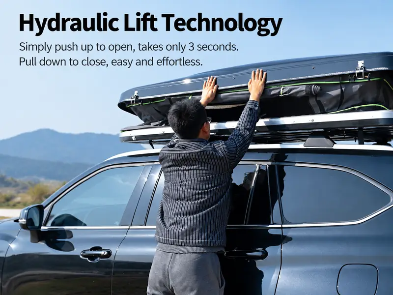 Hydraulic lift technology for easy rooftop tent opening