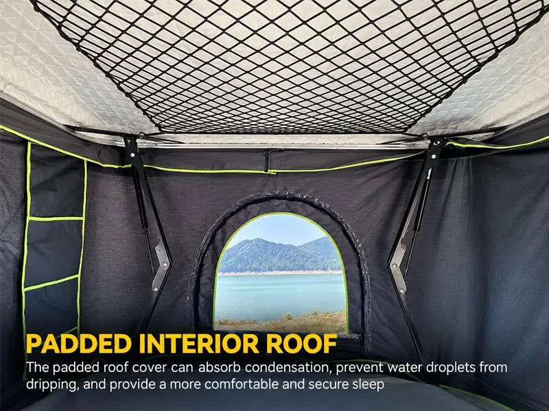 Padded interior roof of car roof tent with overhead storage net and support rods