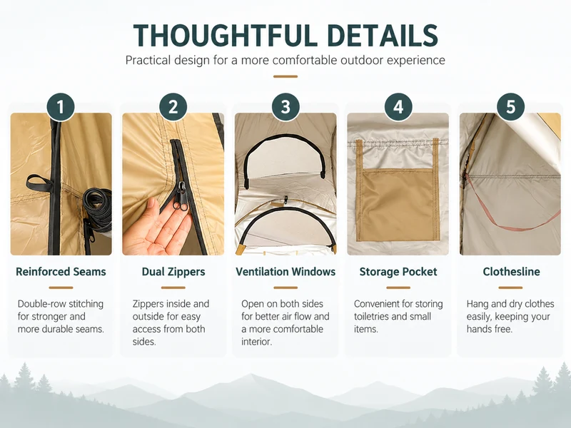 Pop up shower tent details including zipper window storage pocket and clothesline