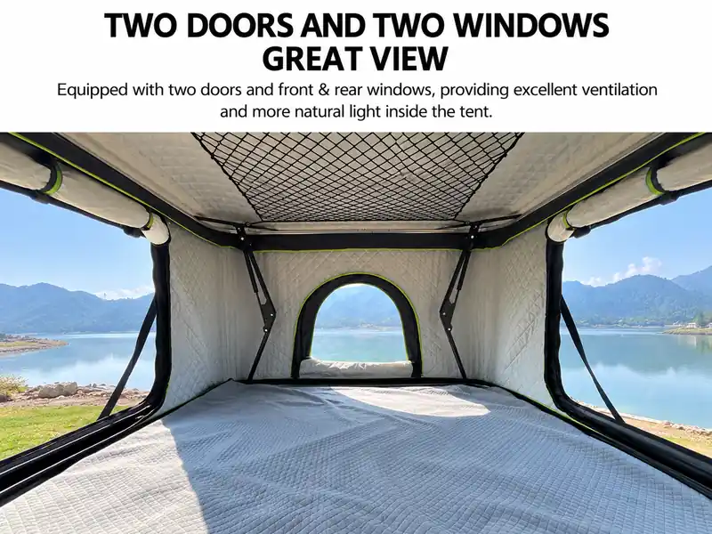 Rooftop tent with two doors and two windows