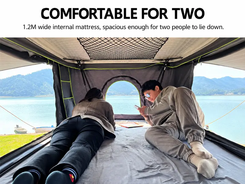 Spacious rooftop tent interior for two people