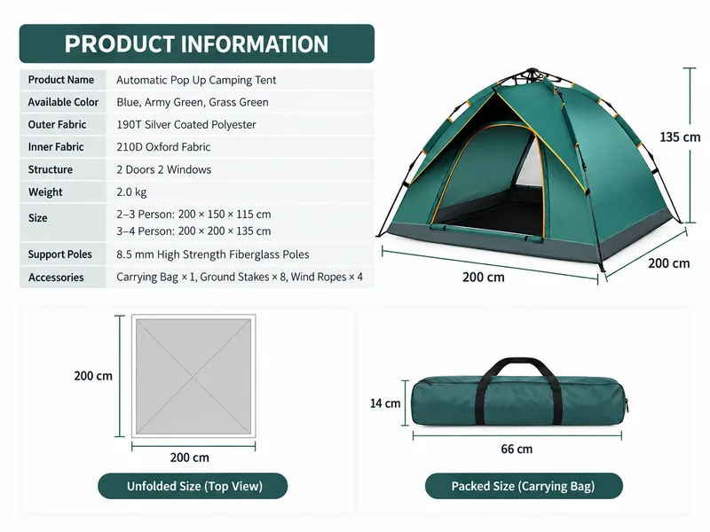 Automatic Pop Up Camping Tent Product Information