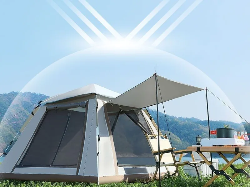 Beige 4 Person Camping Tent with Double Open Sides Outdoor Setup and Awning