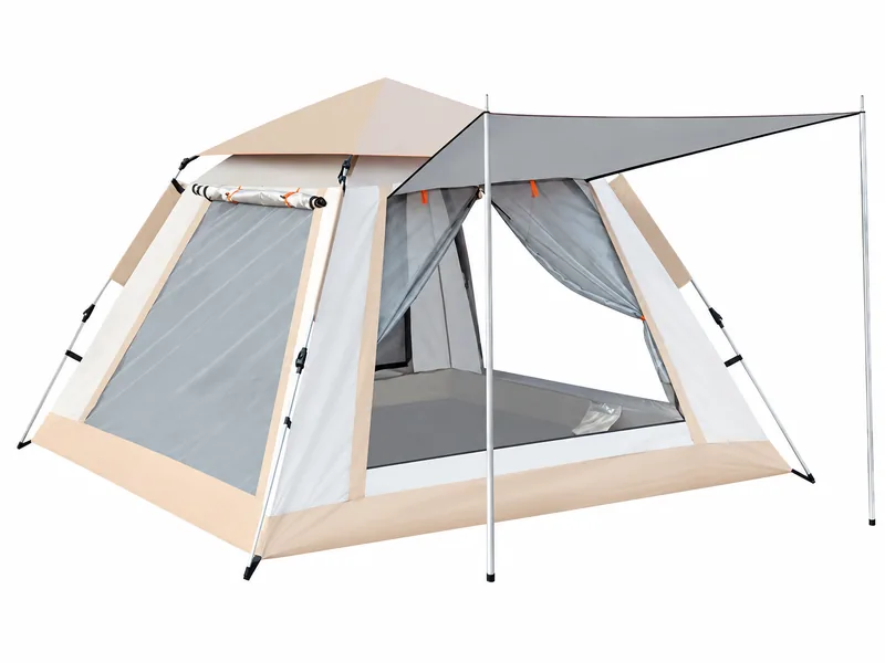Beige Family Camping Tent with Mesh Windows and Front Awning