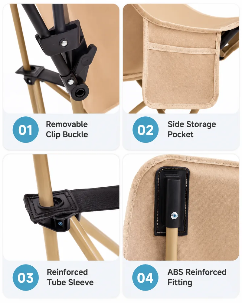 Folding camping chair removable clip buckle side storage pocket and reinforced fittings