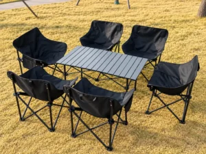 black color camping folding table and folding chair
