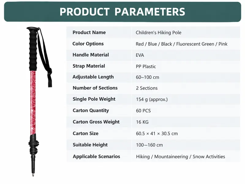 Children's Hiking Pole Product Parameters with Adjustable Length and Color Options