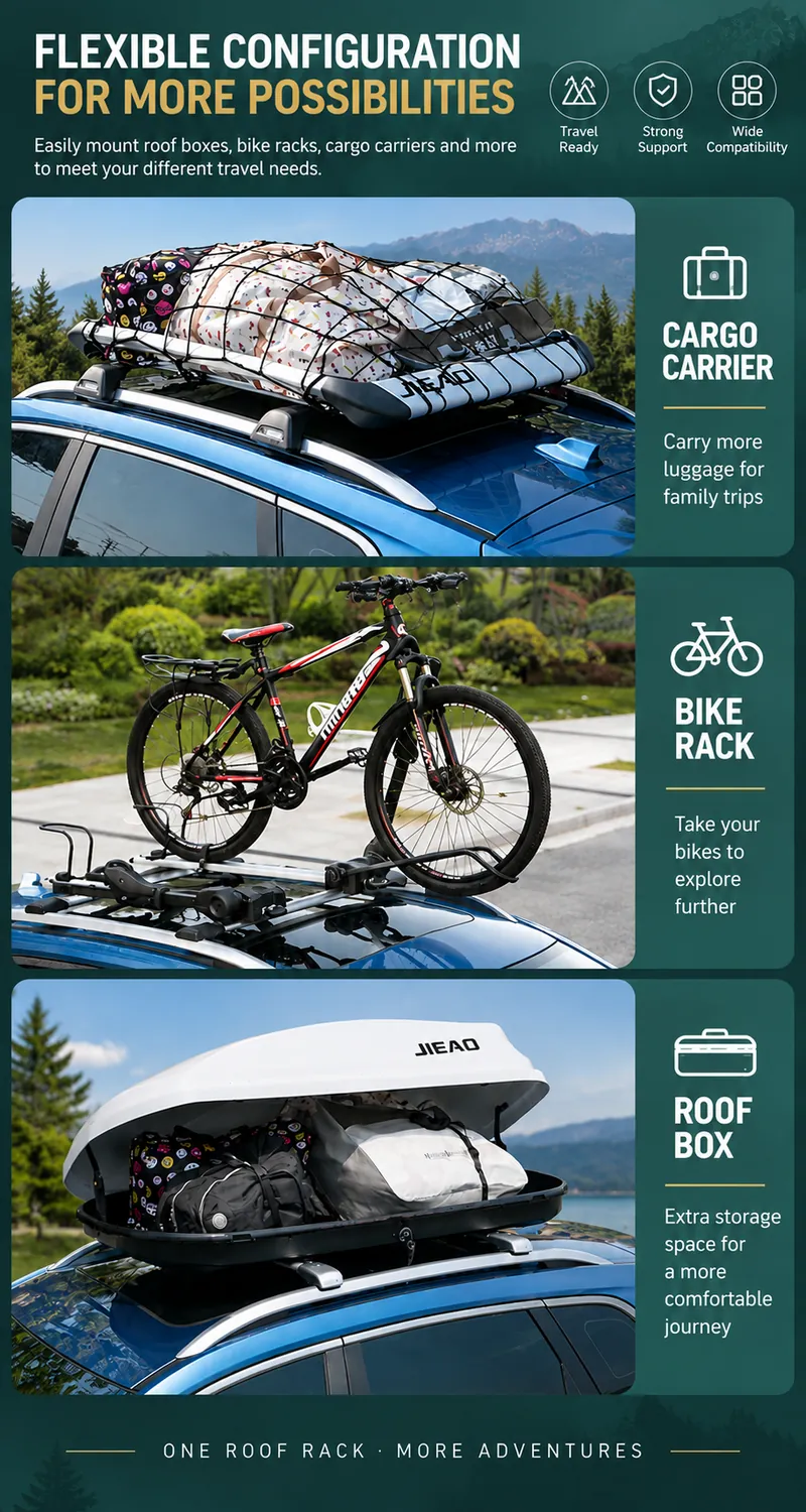 Flexible Roof Rack Configuration for Cargo Carriers, Bike Racks and Roof Boxes