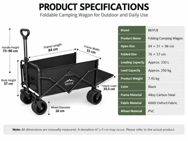 Folding Camping Wagon Dimensions Specifications Large Capacity and Durable Steel Frame