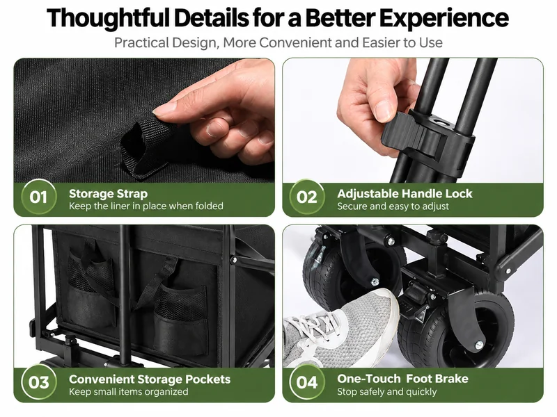 Folding Camping Wagon Practical Details with Storage Strap Adjustable Handle Lock Pockets and Foot Brake