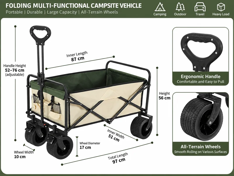 Folding Camping Wagon Product Dimensions with Adjustable Handle and All Terrain Wheels