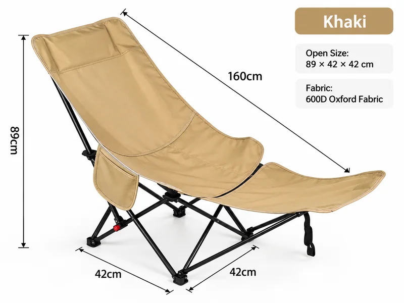 Khaki Folding Camping Chair Dimensions with 600D Oxford Fabric and Reclining Bed Design