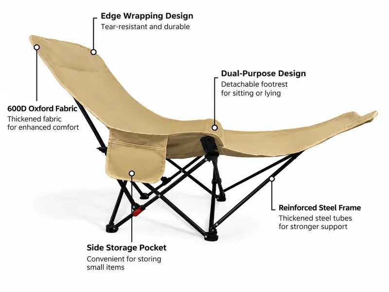 Adjustable Camping Chair features 600D Oxford fabric reinforced steel frame