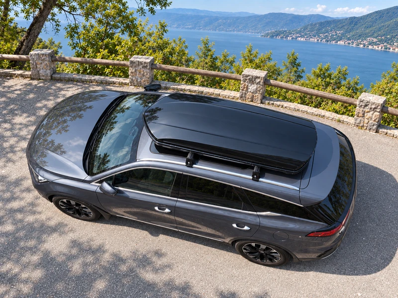 large 900L black roof box installed on SUV