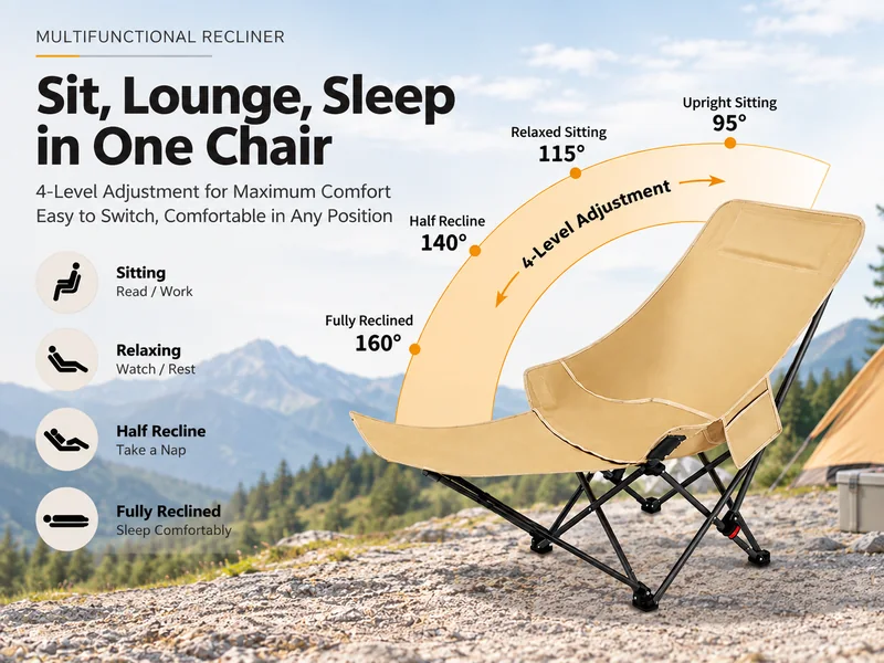 Khaki Multifunctional Camping Recliner Chair with Side Pocket and Reinforced Steel Frame