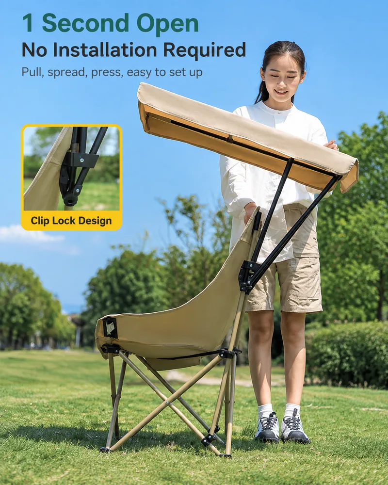 Quick opening folding camping chair with clip lock design