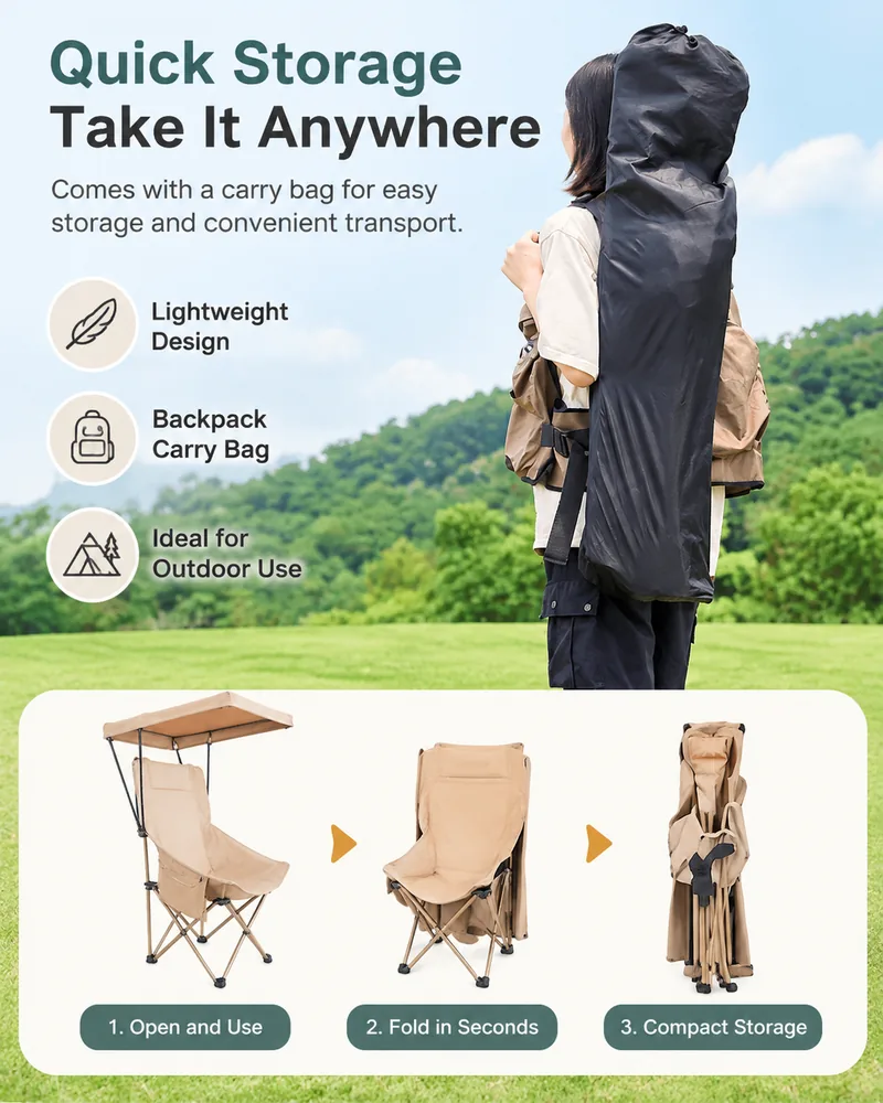 Portable folding camping chair with carry bag and compact storage