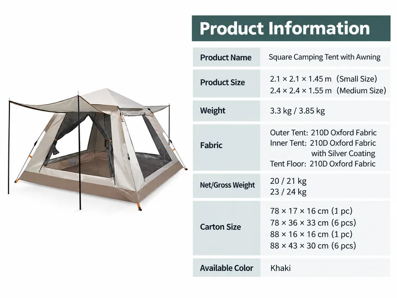 Square Camping Tent with Awning Product Specifications 4 Person Tent 210D Oxford Fabric