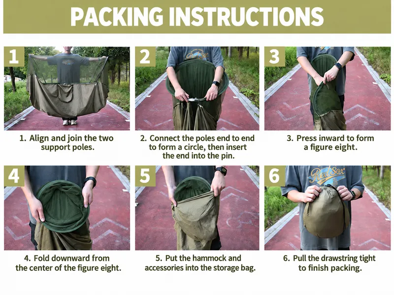 Six steps showing how to fold and pack the hammock into its storage bag
