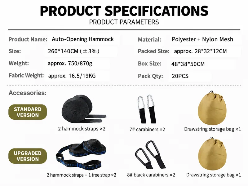 Hammock specifications with standard and upgraded straps, carabiners, and storage bag