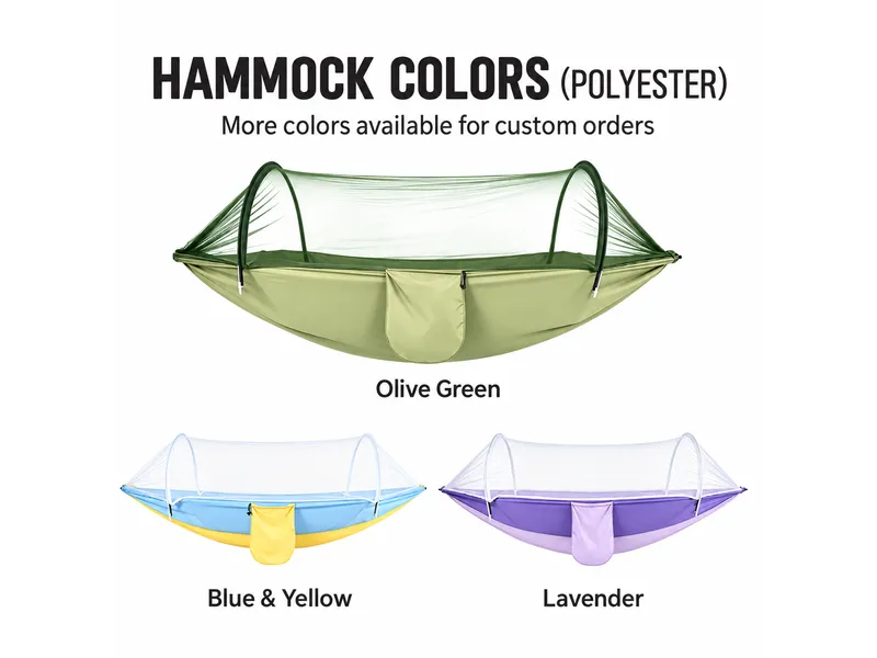 Polyester hammock color options in olive green, blue and yellow, and lavender