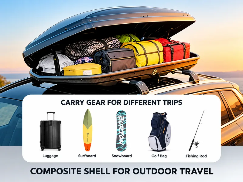 Open roof box loaded with travel gear, with examples of luggage, boards, a golf bag and a fishing rod